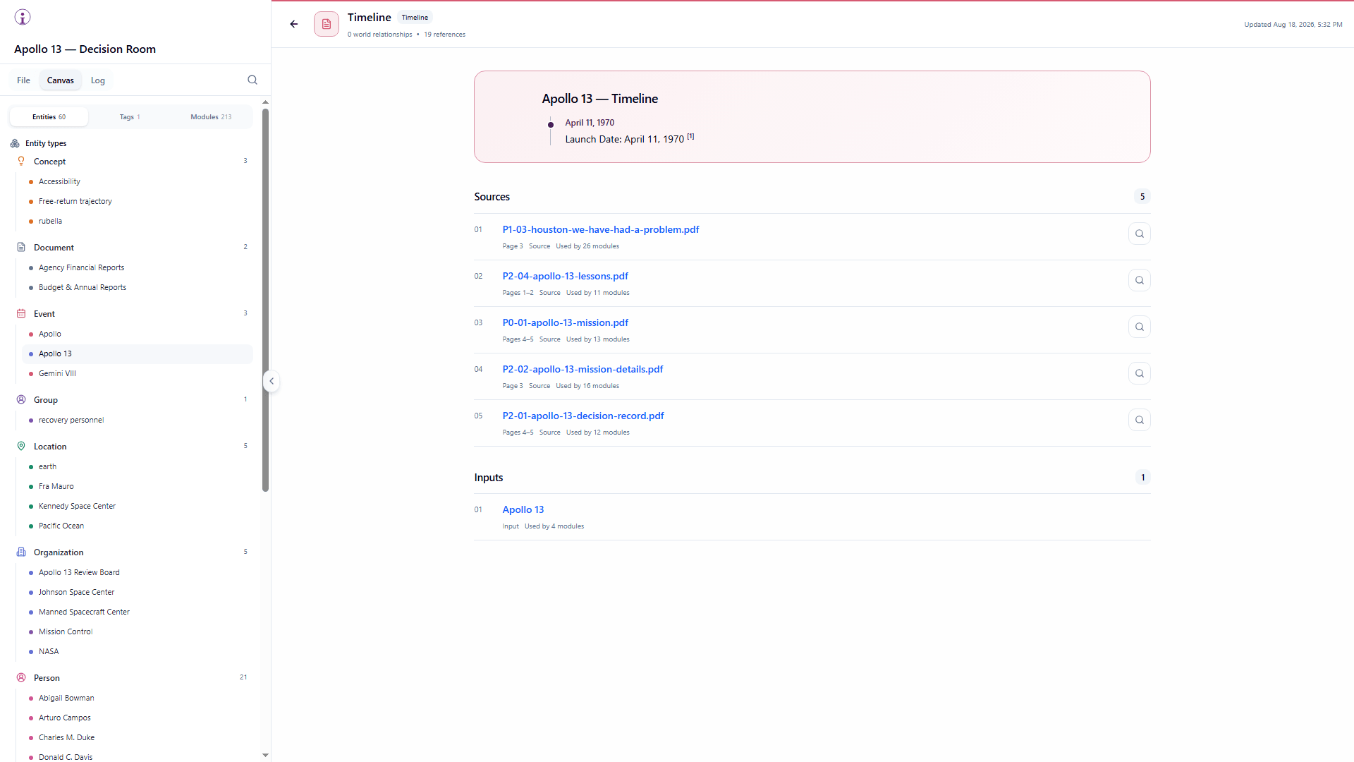 An Inokta Timeline module resolving five Apollo sources into a cited decision-record page